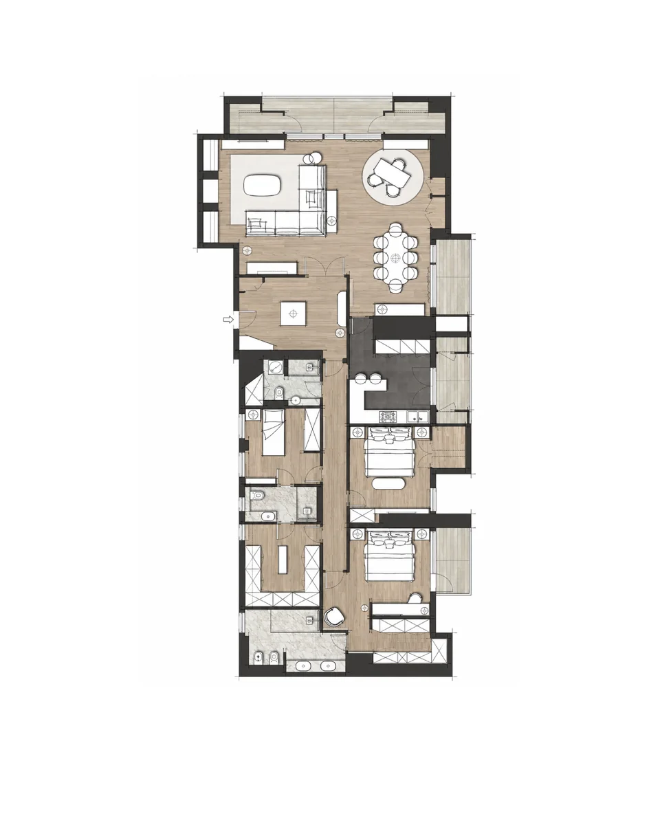Furnished apartment layout plan with living room, dining area and bedrooms