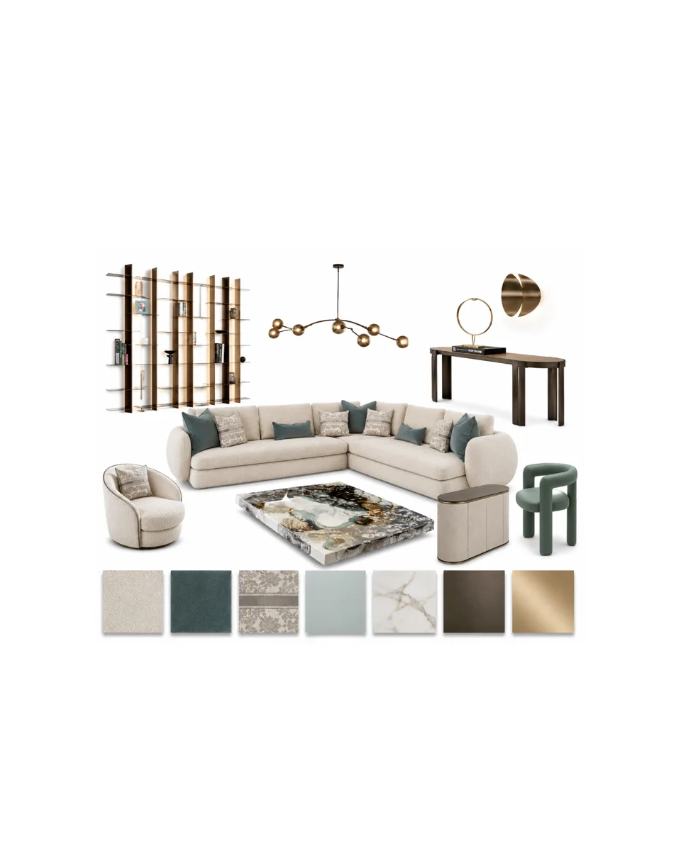Interior design moodboard with a cream sofa, teal fabrics, marble and brass lighting